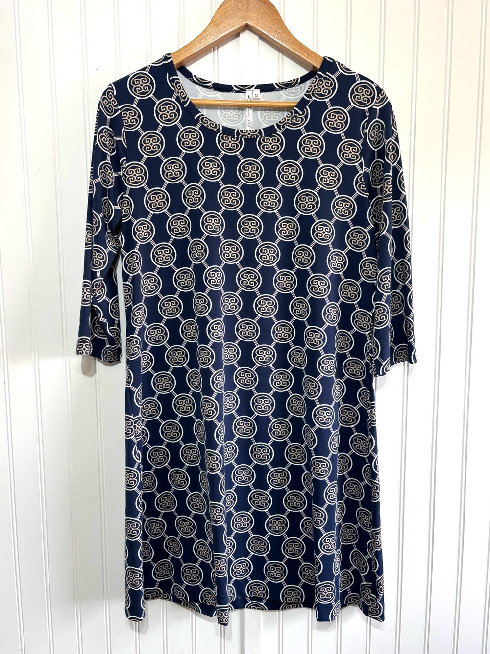 Lulu-B Navy Geometric Medallion Print Shift Dress 3/4 Sleeve Size M